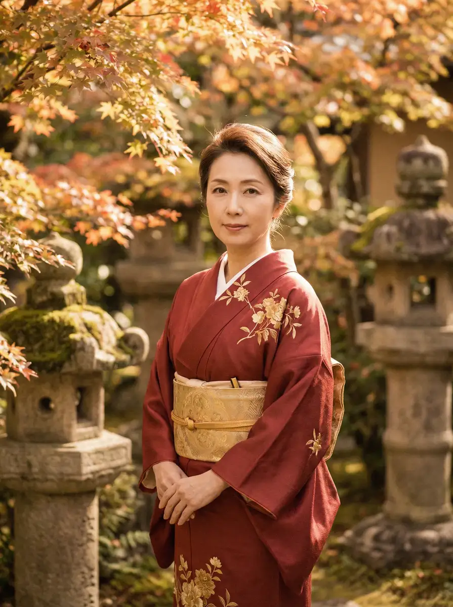 一位身穿暗红色和服的优雅 按摩小子 在日式庭院中